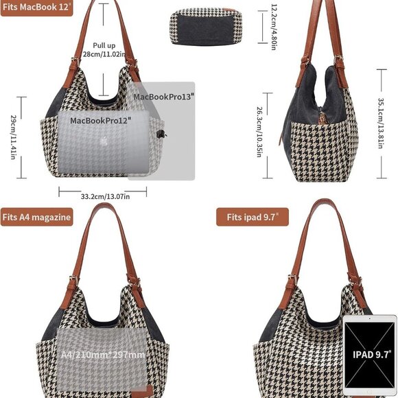 Worldlyda Women Canvas Hobo Purse Multi Pocket Tote Shopper Shoulder Bag Casual - Picture 5 of 5